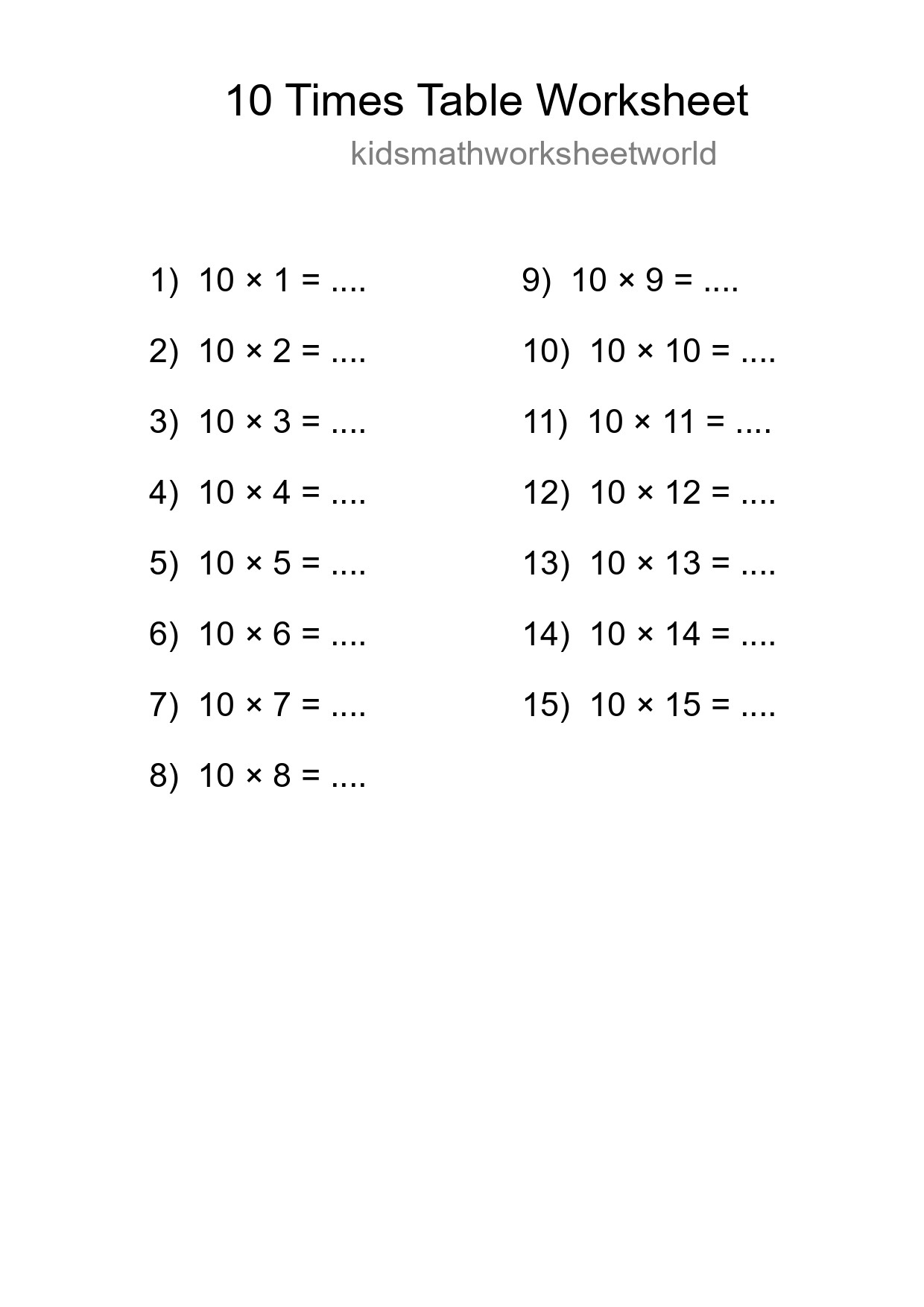 10 Times Table Worksheet For Grade 3 With Answers - Part 53