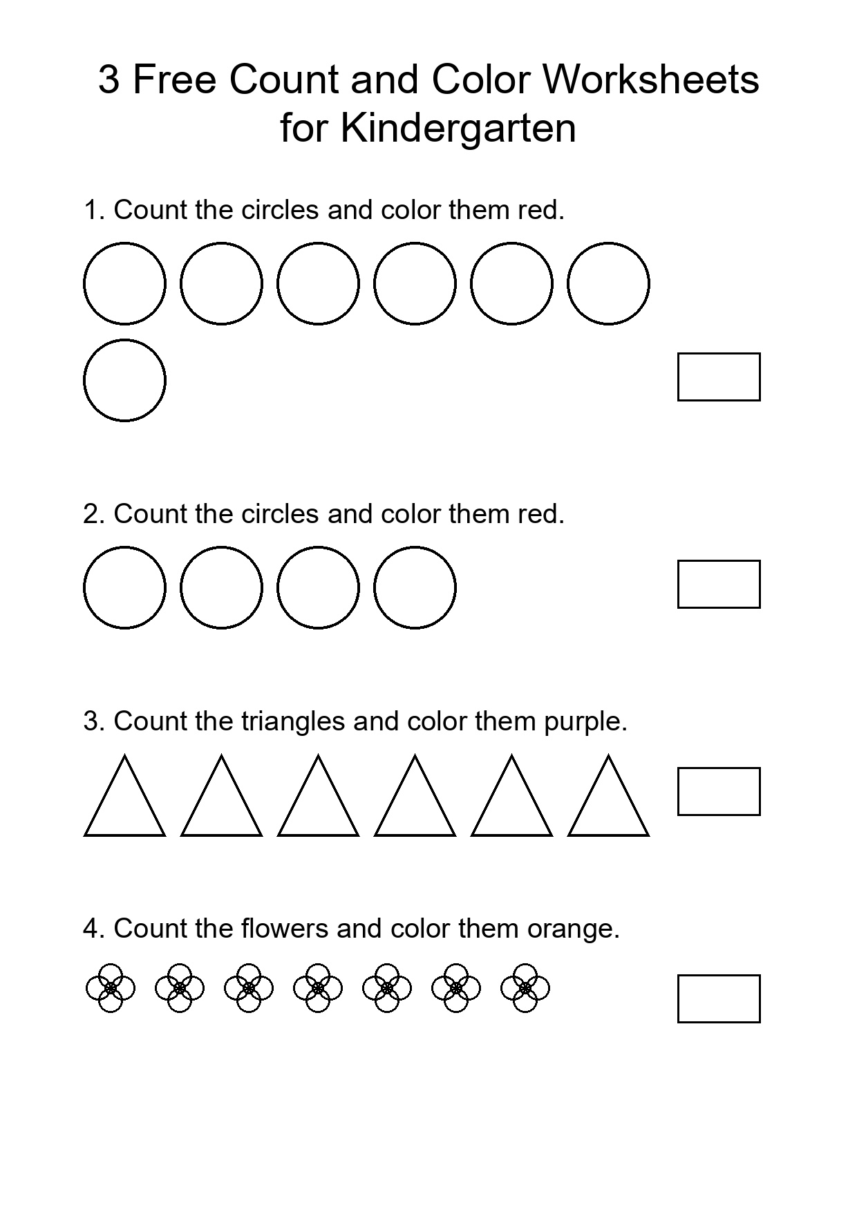 3 Free Count and Color Worksheets for Kindergarten