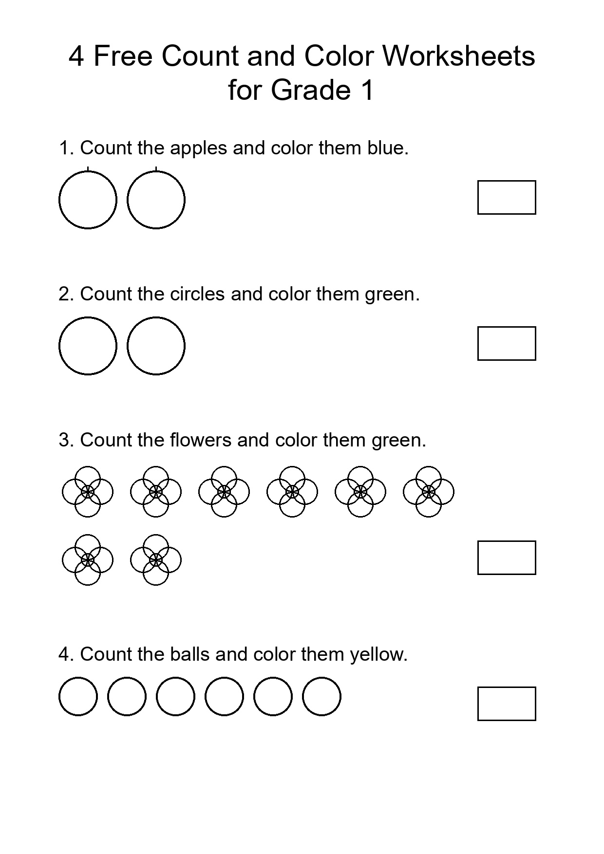 4 Free Count and Color Worksheets for Grade 1
