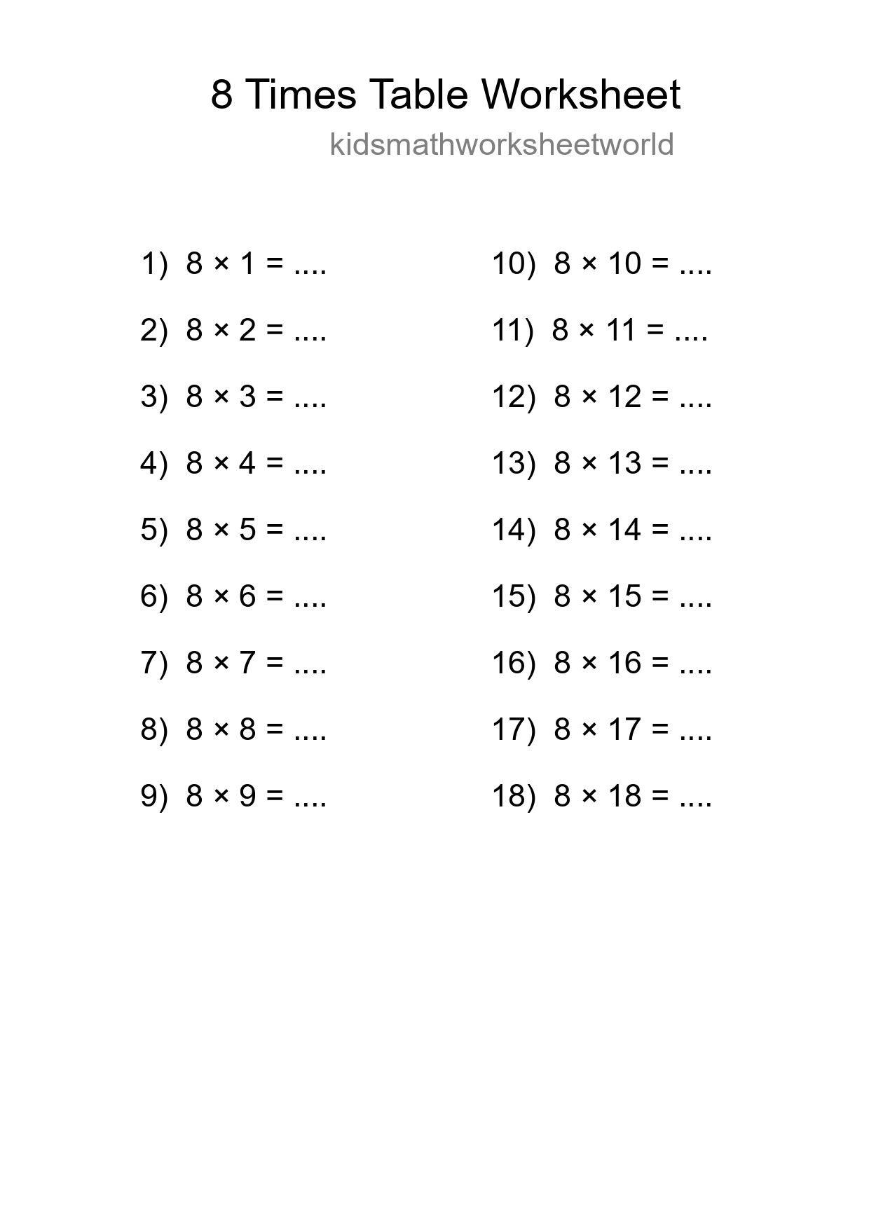 8 Times Table Worksheet For Grade 3 With Answers - Part 9