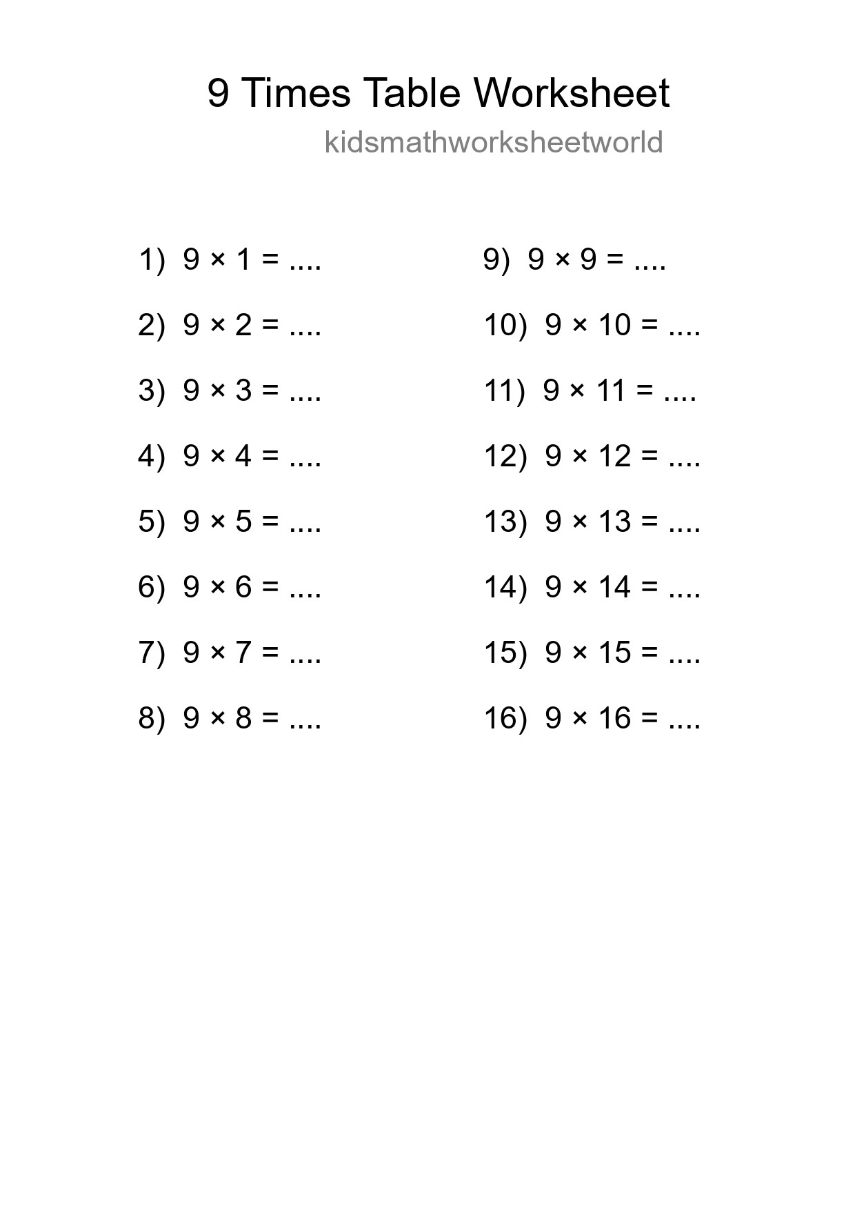 9 Times Table Worksheet For Grade 3 - Part 229