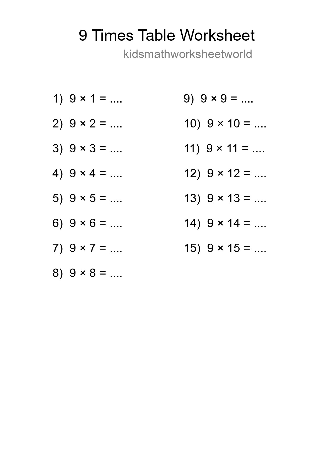 9 Times Table Worksheet For Grade 3 With Answers - Part 196