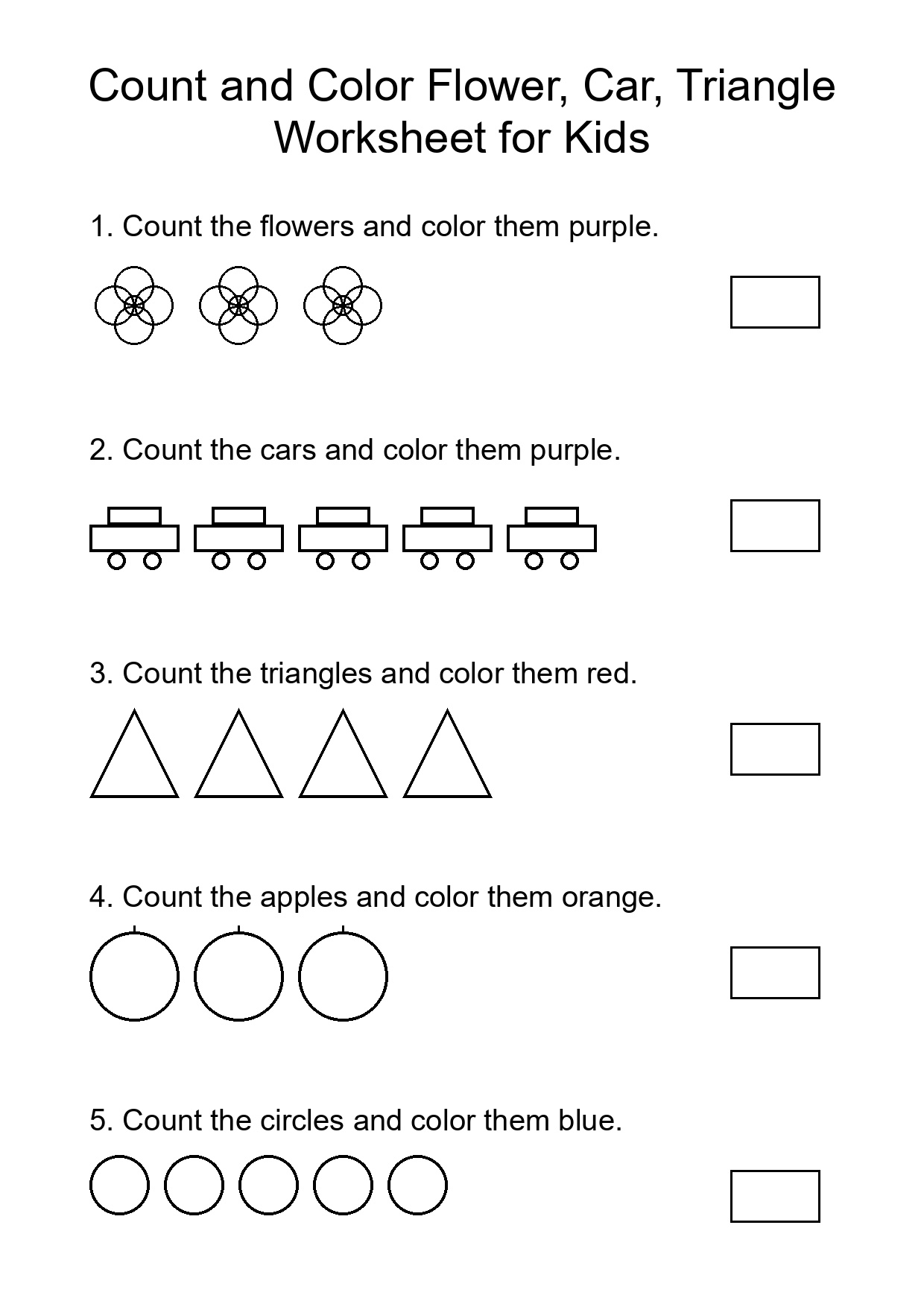 Count and Color Flower, Car, Triangle Worksheet for Kids