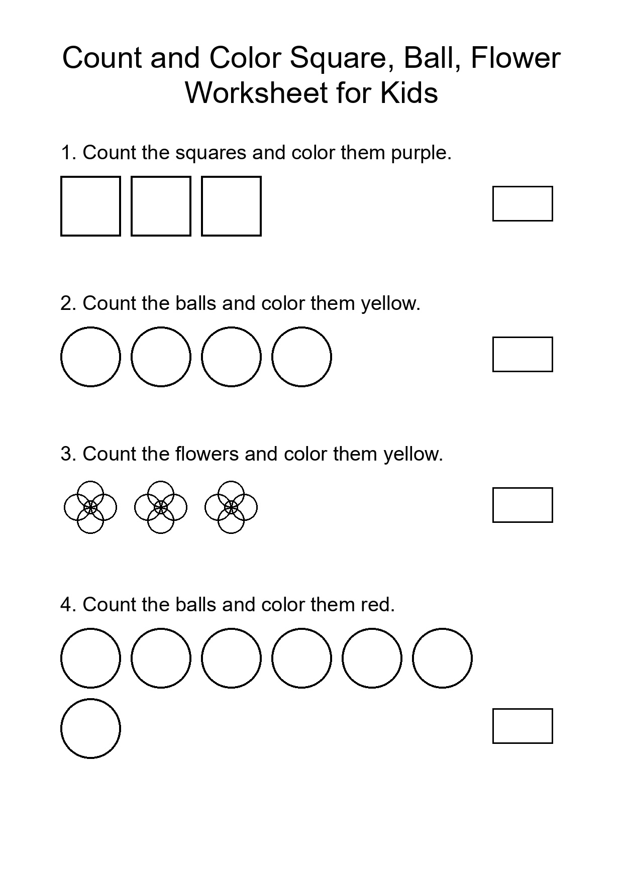 Count and Color Square, Ball, Flower Worksheet for Kids