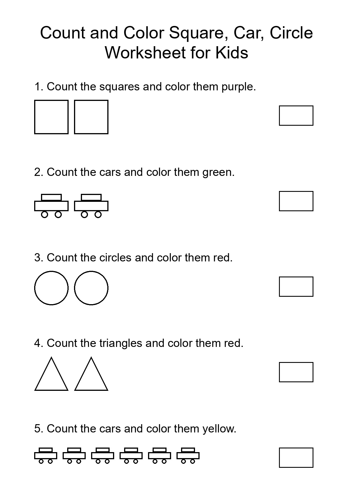 Count and Color Square, Car, Circle Worksheet for Kids
