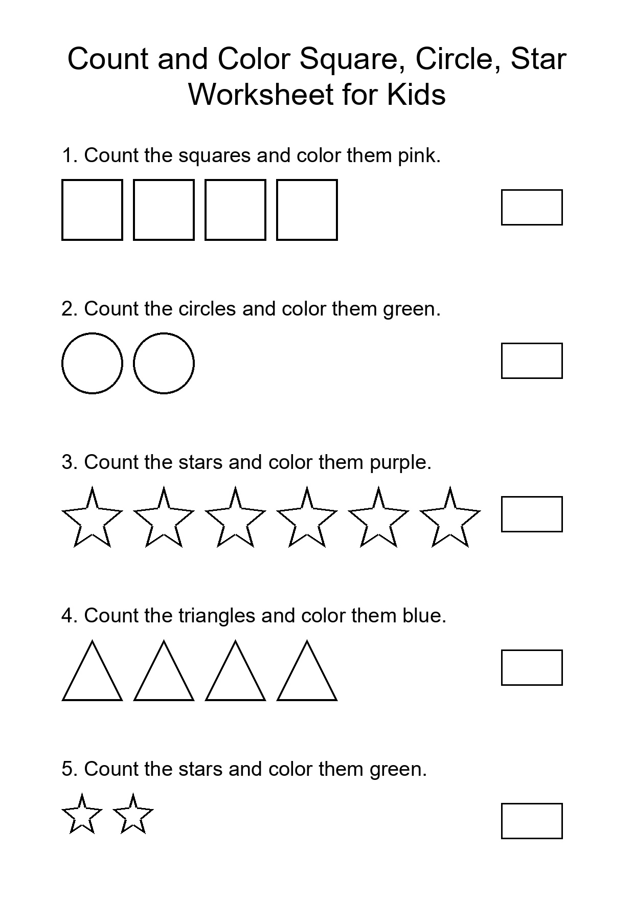Count and Color Square, Circle, Star Worksheet for Kids