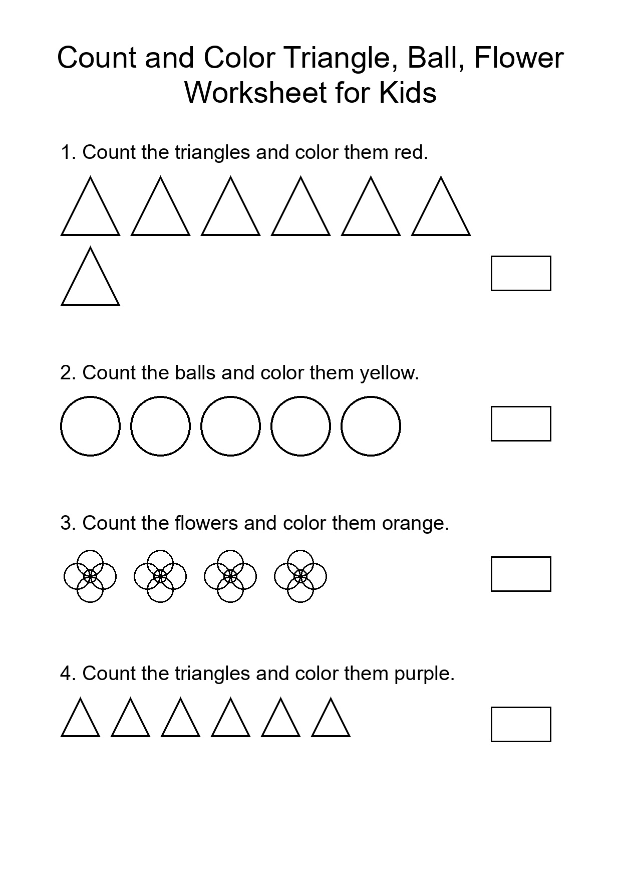 Count and Color Triangle, Ball, Flower Worksheet for Kids