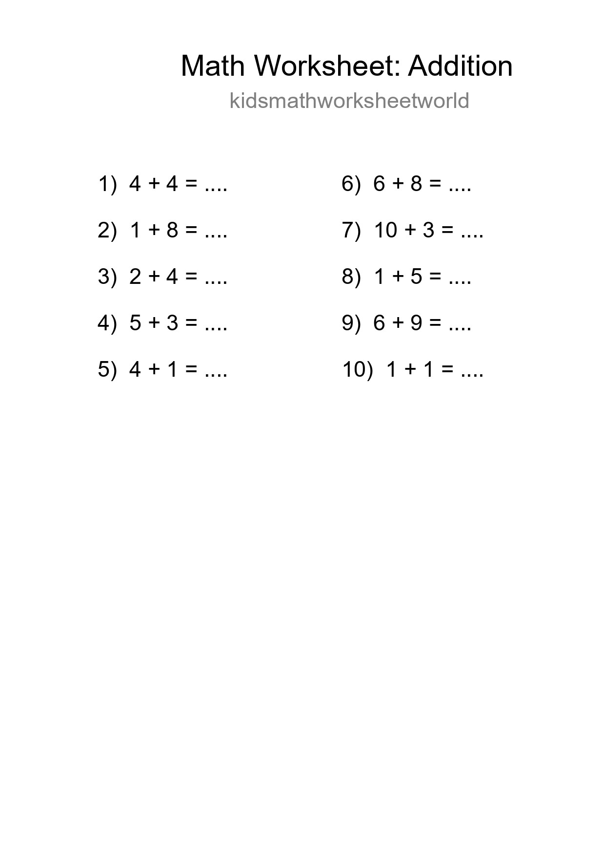 Free 10 Addition Math Worksheet For Grade 1 - Part 199