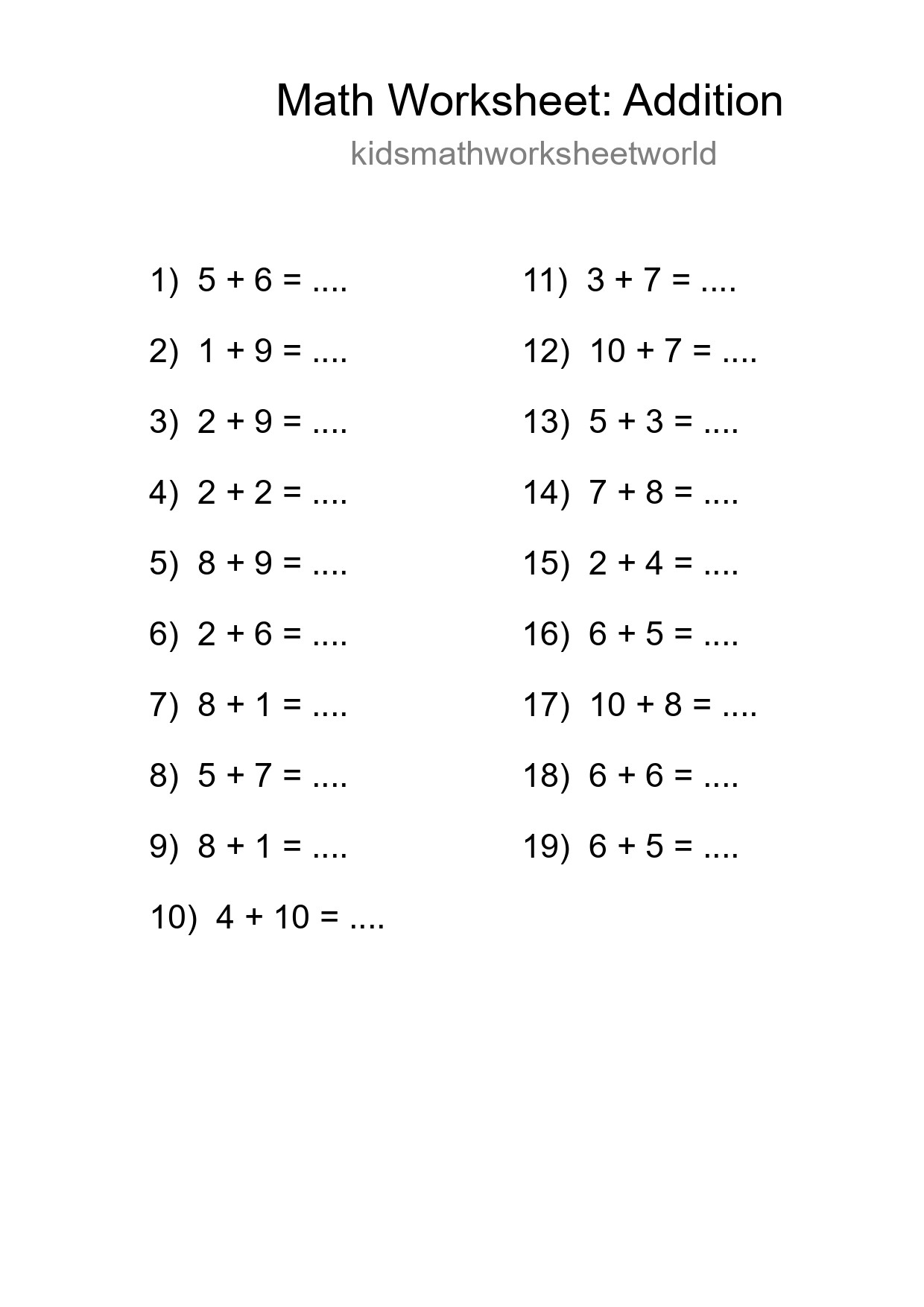 Free 19 Addition Math Worksheet For Grade 1 - Part 144