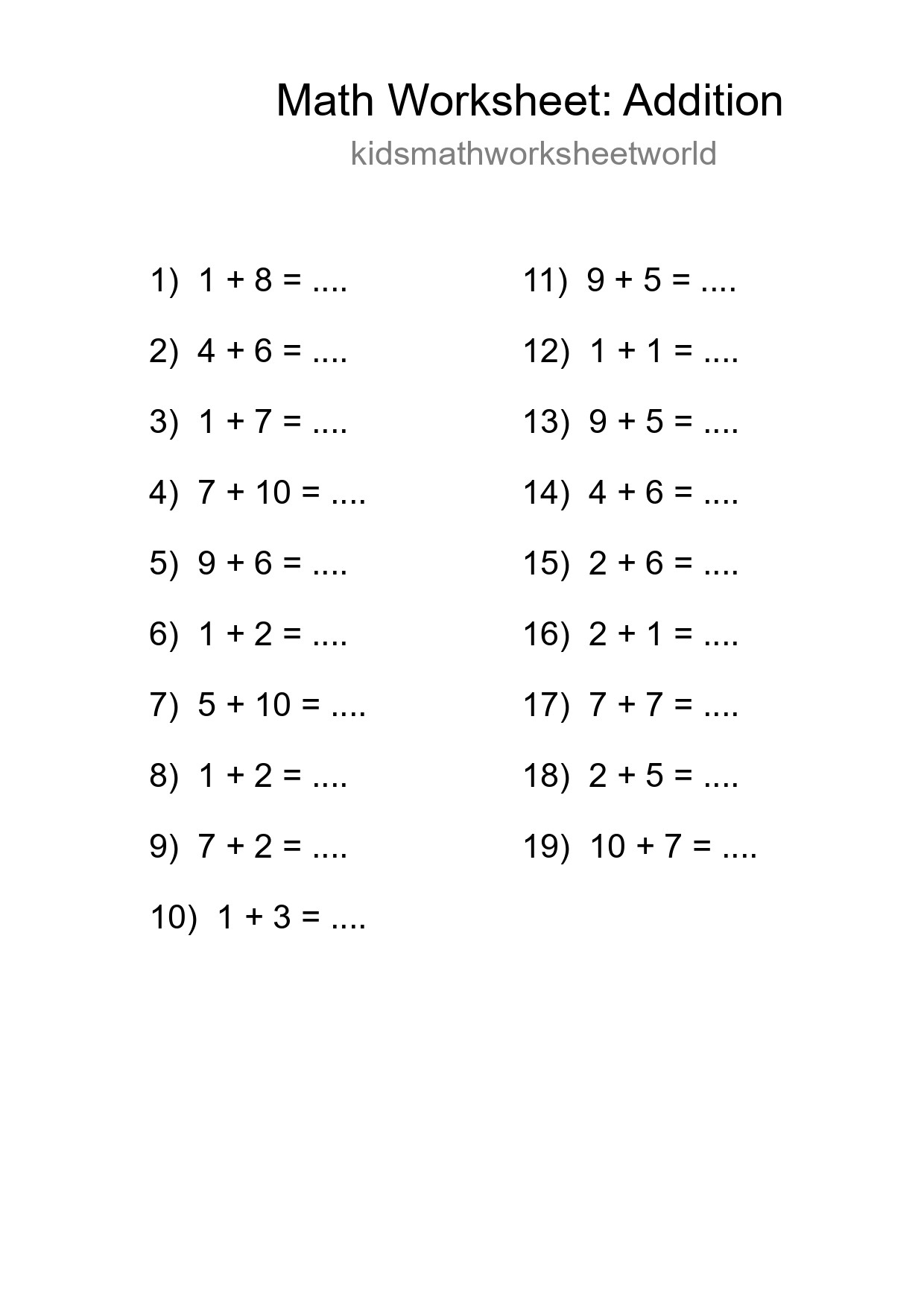 Free 19 Addition Math Worksheet For Grade 1 With Answers - Part 232