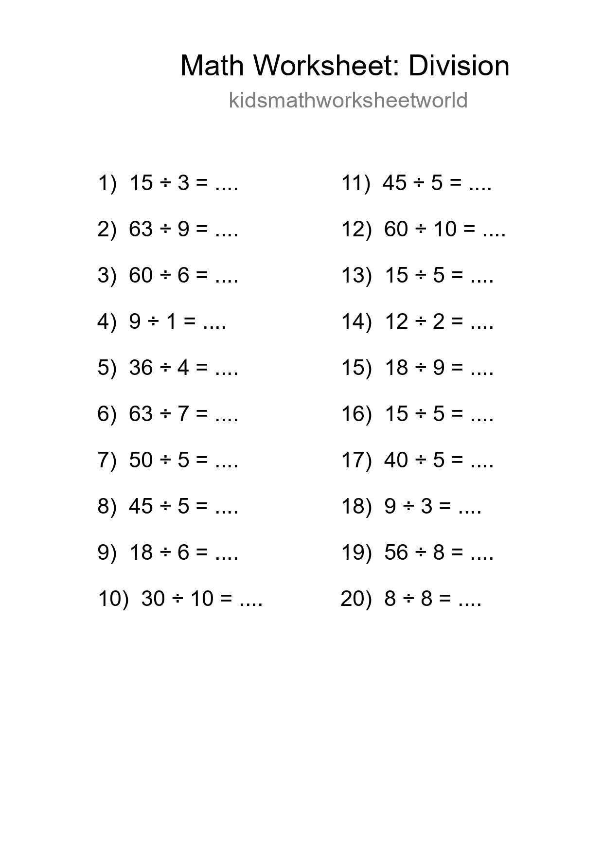 Free 20 Division Math Worksheet For Grade 1 With Answers - Part 279