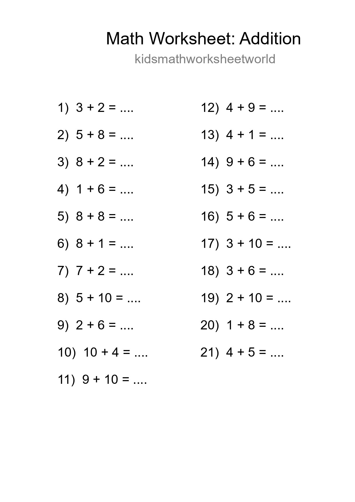 Free 21 Addition Math Worksheet For Grade 1 - Part 265