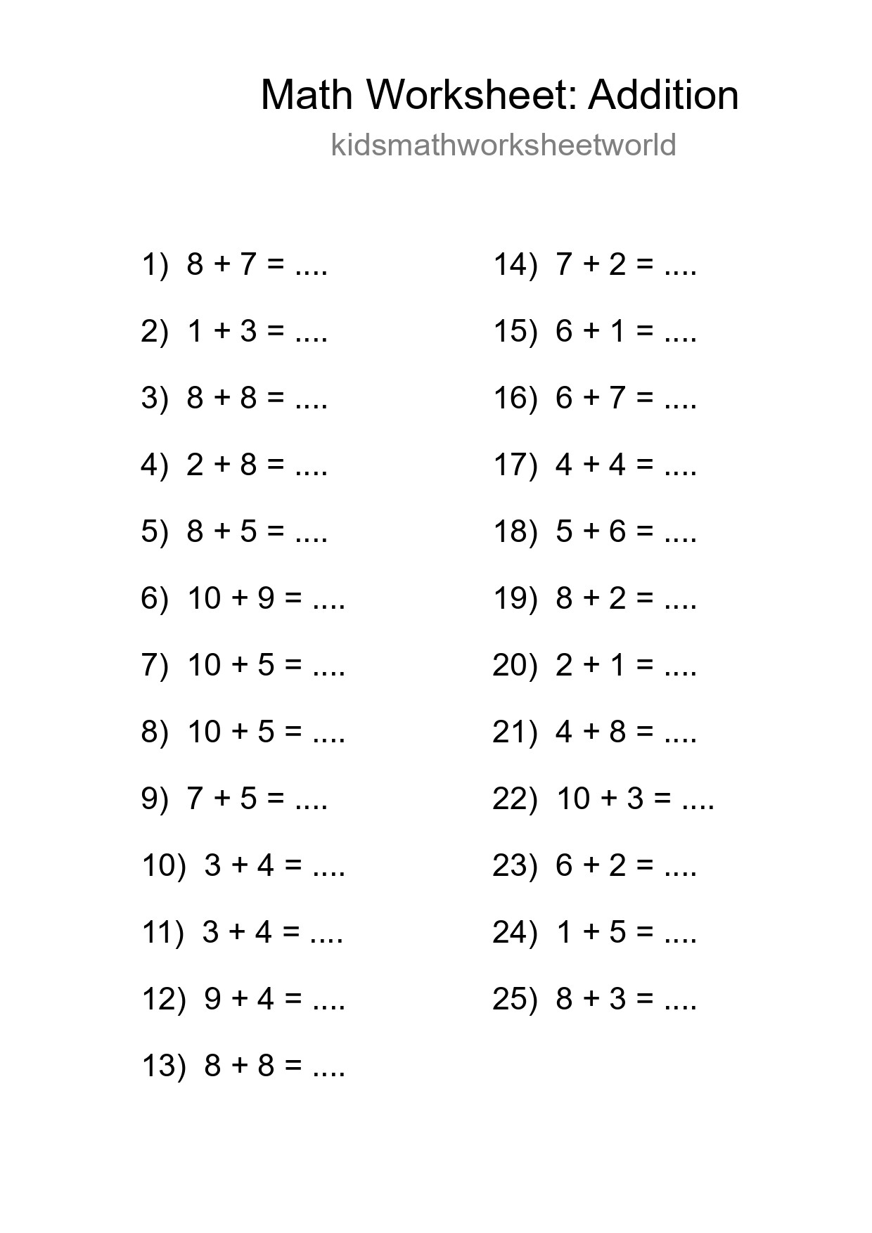 Free 25 Addition Math Worksheet For Grade 1 With Answers - Part 221
