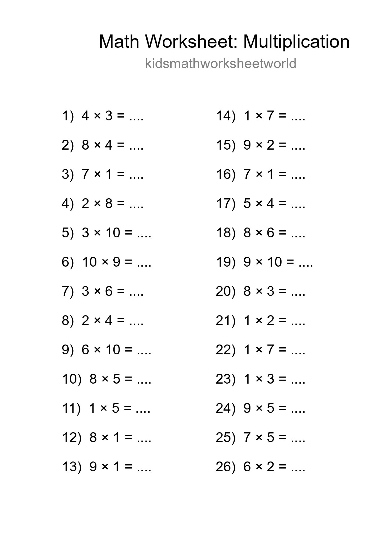 Free 26 Multiplication Math Worksheet For Grade 1 - Part 238