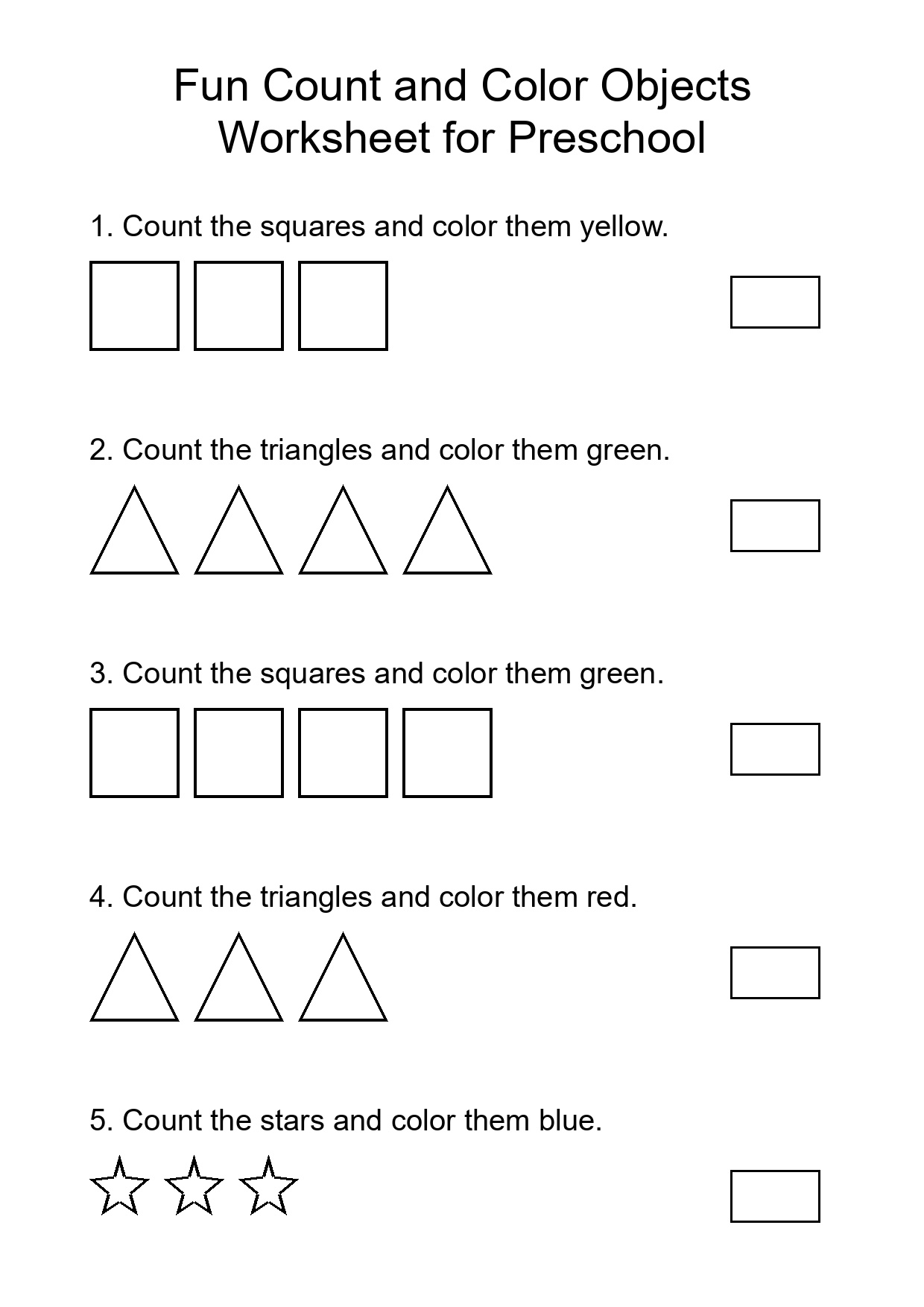 Fun Count and Color Objects Worksheet for Preschool