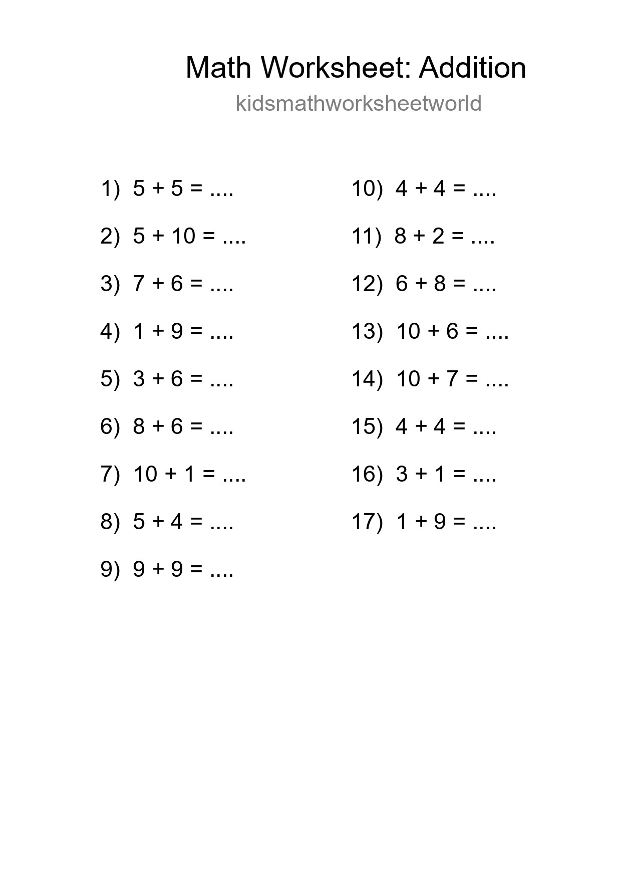 Grade 1 Addition Practice Worksheet (17 Problems) - Part 133