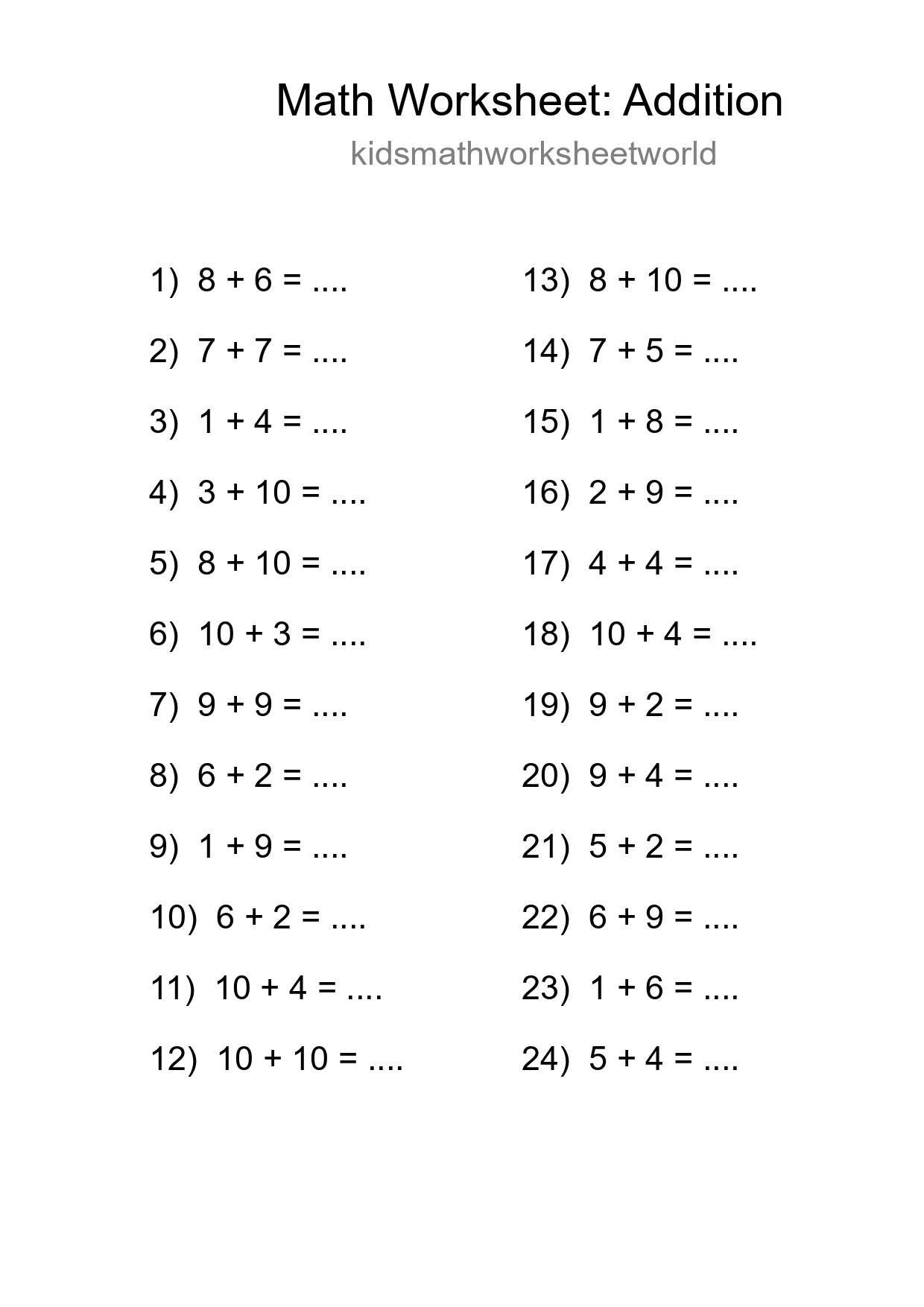 Grade 1 Addition Practice Worksheet (24 Problems) - Part 276