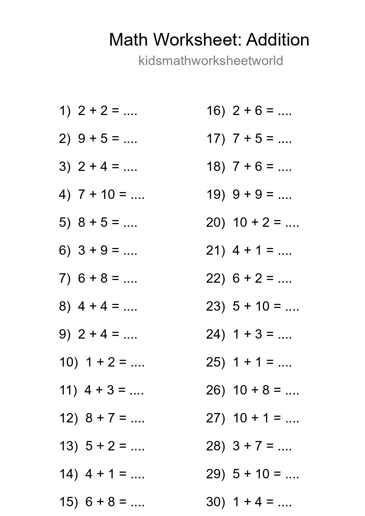 Grade 1 Addition Practice Worksheet (30 Problems) - Part 12