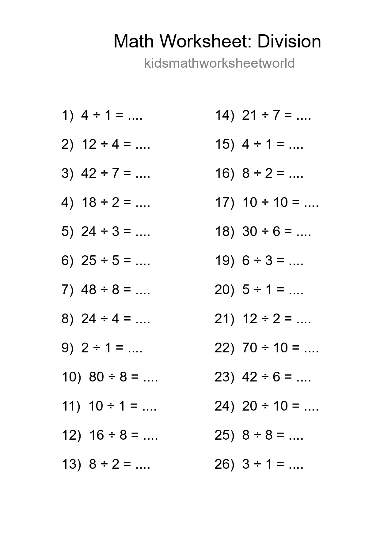 Grade 1 Division Practice Worksheet (26 Problems) - Part 169