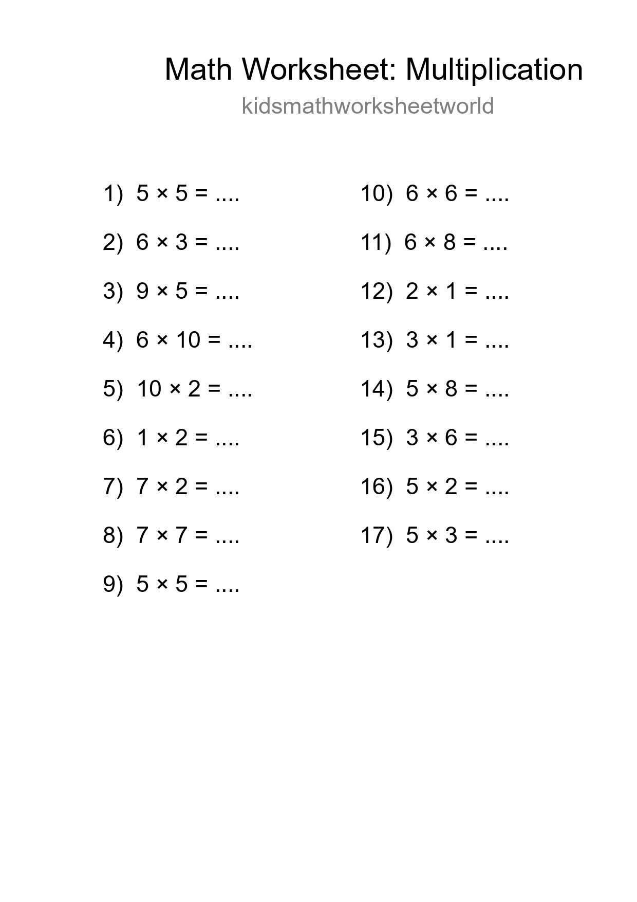 Grade 1 Multiplication Practice Worksheet (17 Problems) - Part 282