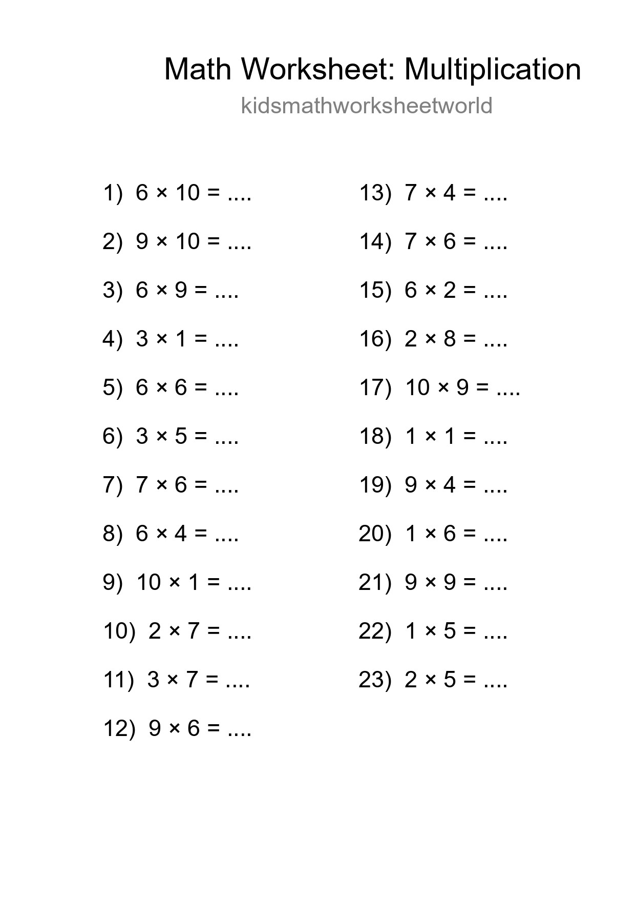 Grade 1 Multiplication Practice Worksheet (23 Problems) - Part 161