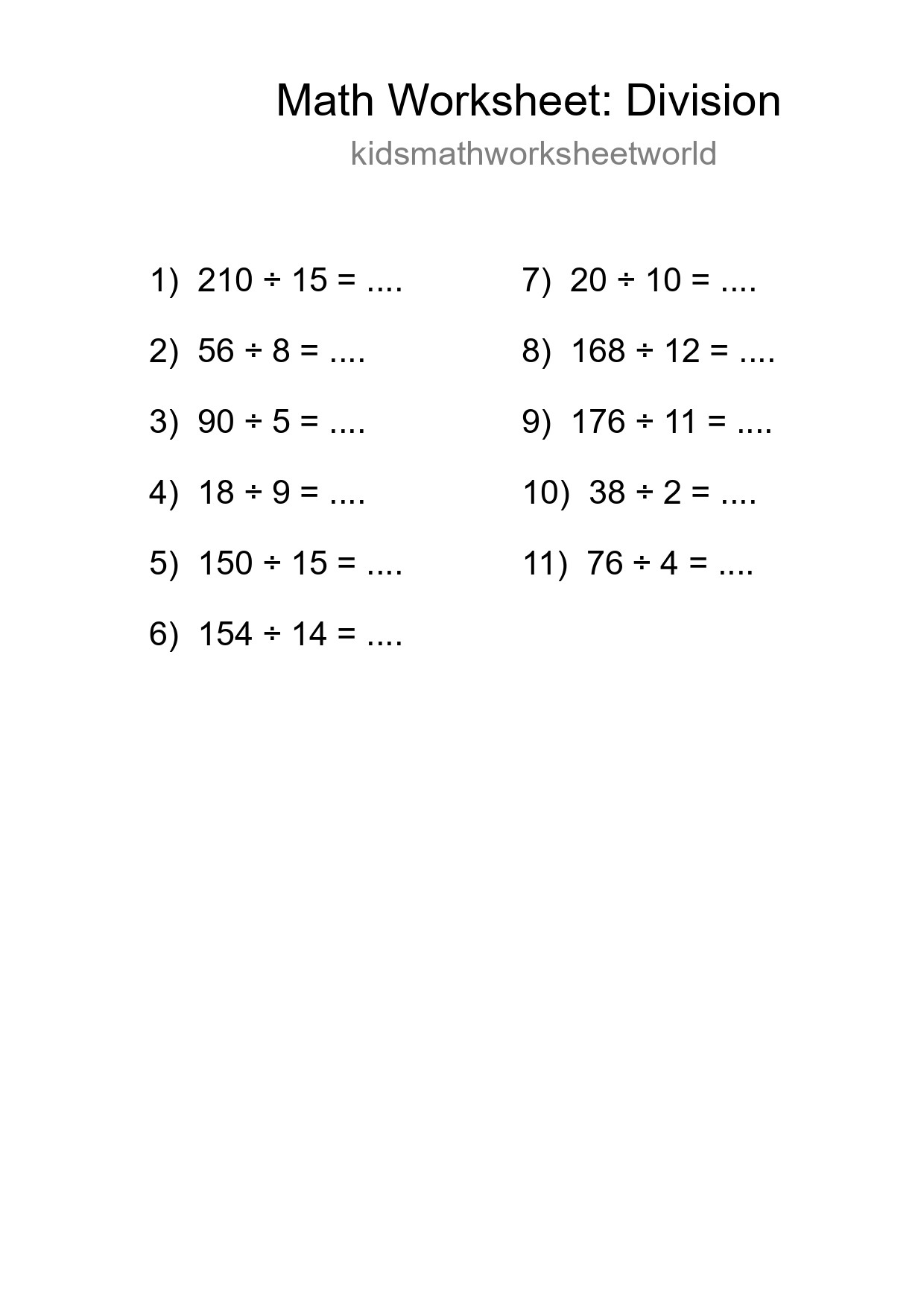 Grade 2 Division Practice Worksheet (11 Problems) - Part 70