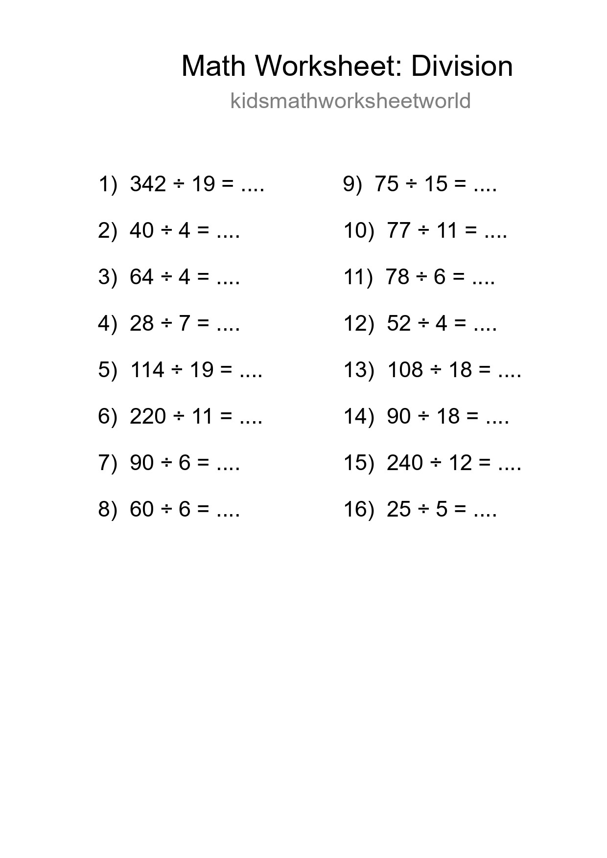 Grade 2 Division Practice Worksheet (16 Problems) - Part 81