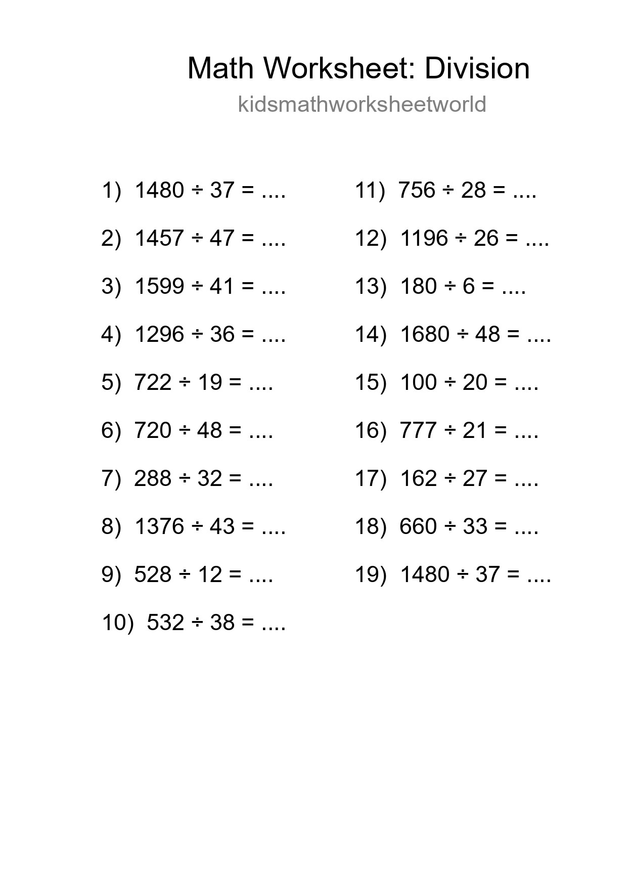 Grade 2 Division Practice Worksheet (19 Problems) - Part 136