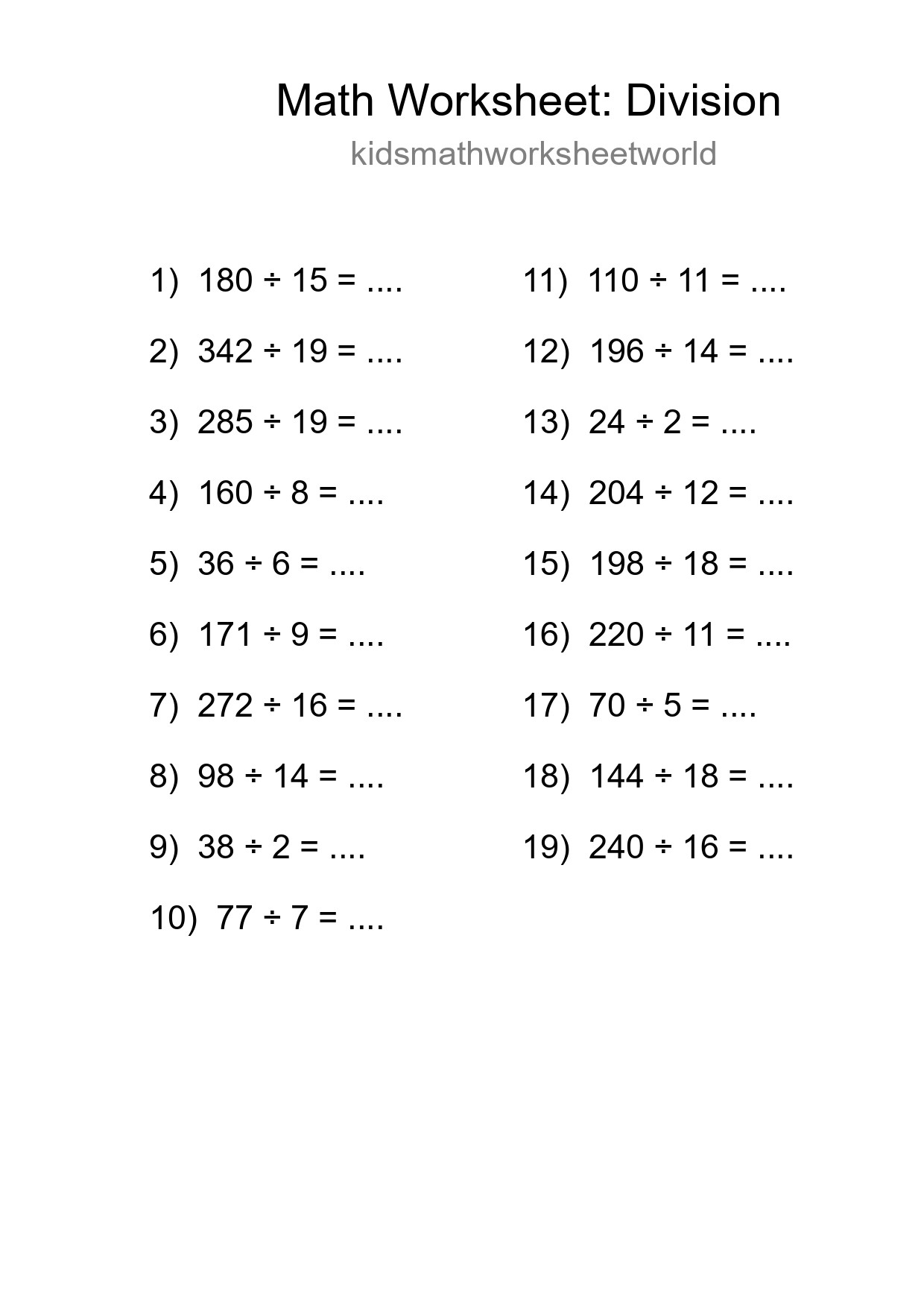 Grade 2 Division Practice Worksheet (19 Problems) - Part 147