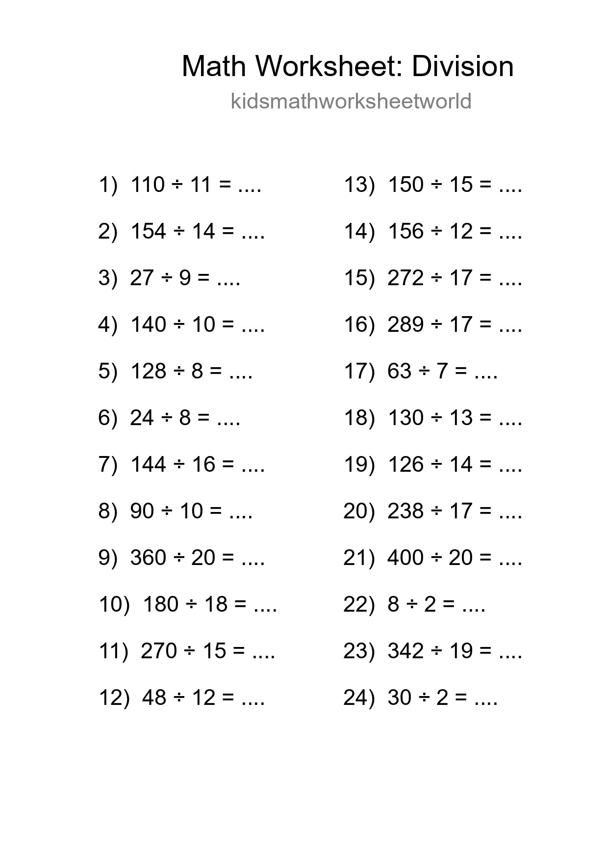 Grade 2 Division Practice Worksheet (24 Problems) - Part 213