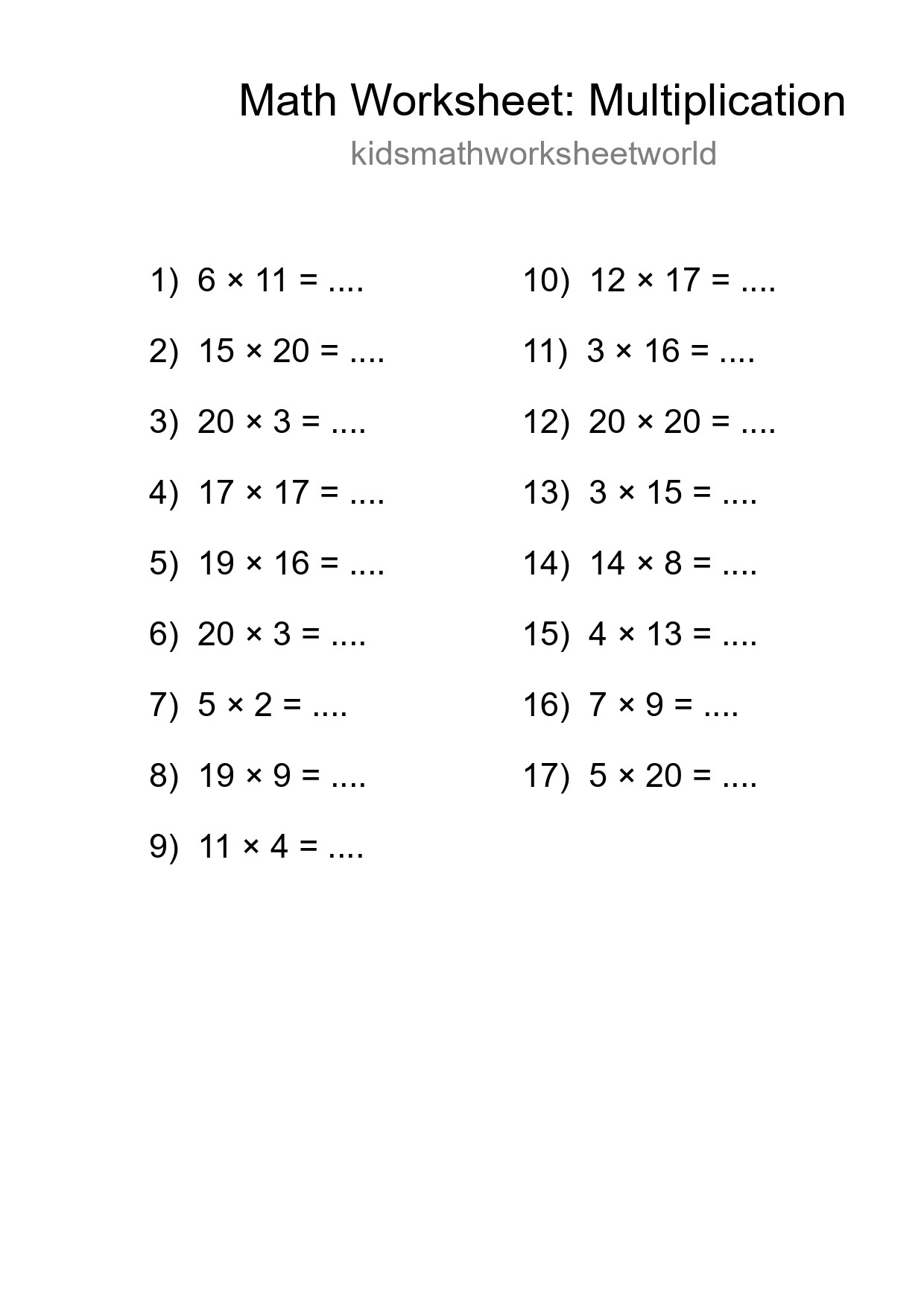 Grade 2 Multiplication Practice Worksheet (17 Problems) - Part 62