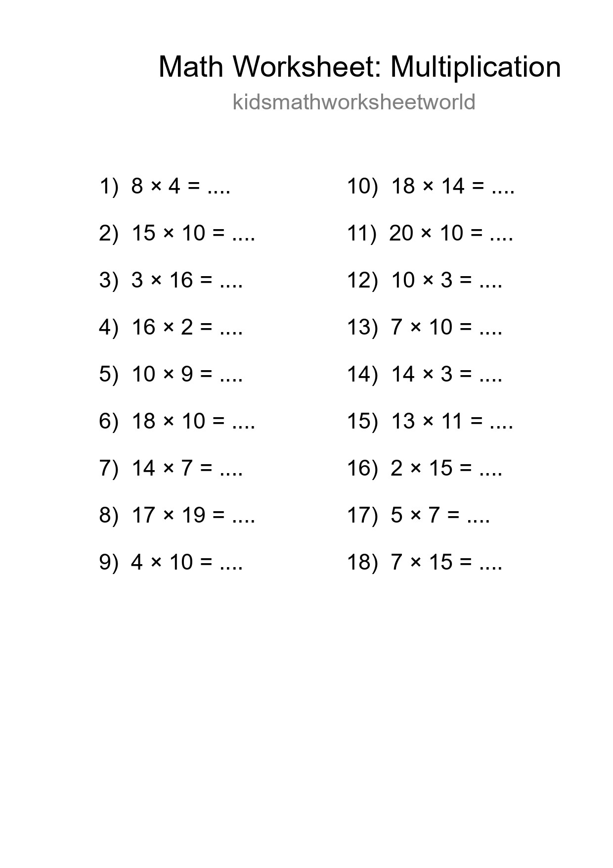 Grade 2 Multiplication Practice Worksheet (18 Problems) - Part 106