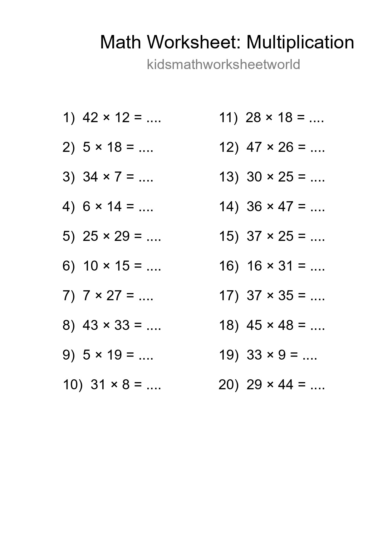 Grade 2 Multiplication Practice Worksheet (20 Problems) - Part 40