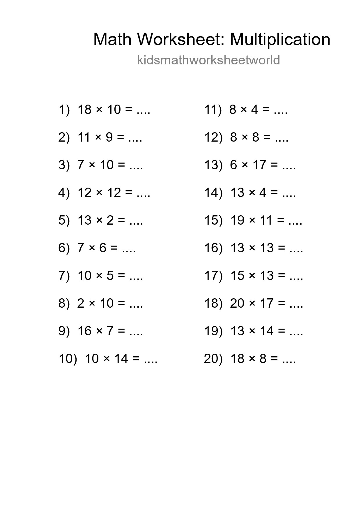 Grade 2 Multiplication Practice Worksheet (20 Problems) - Part 73