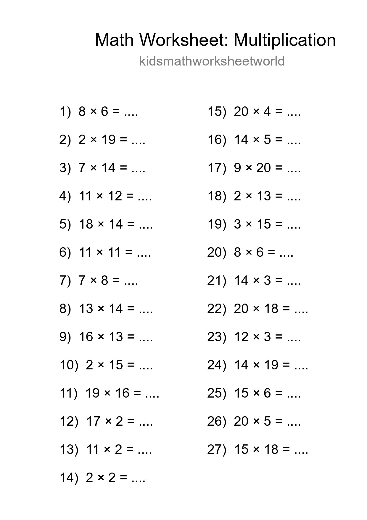 Grade 2 Multiplication Practice Worksheet (27 Problems) - Part 260