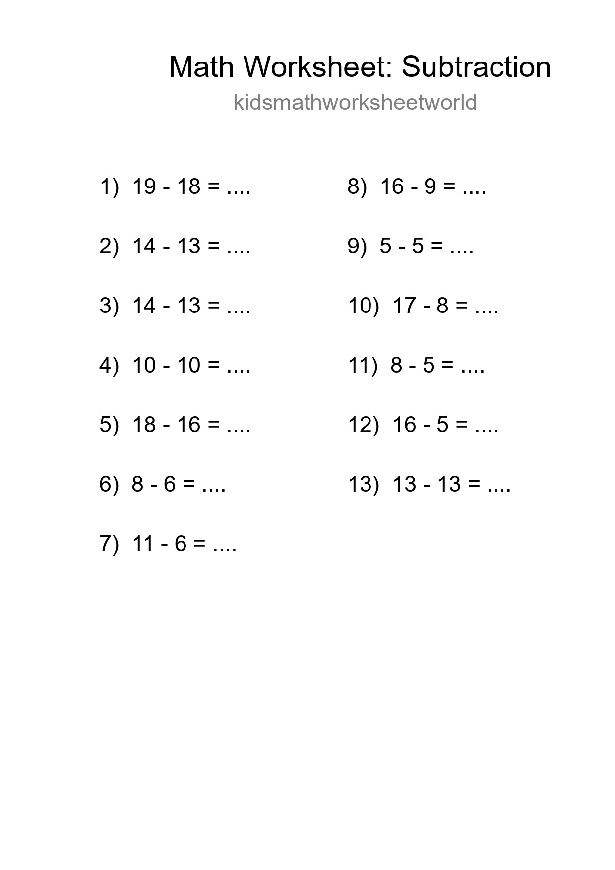 Grade 2 Subtraction Practice Worksheet (13 Problems) - Part 162