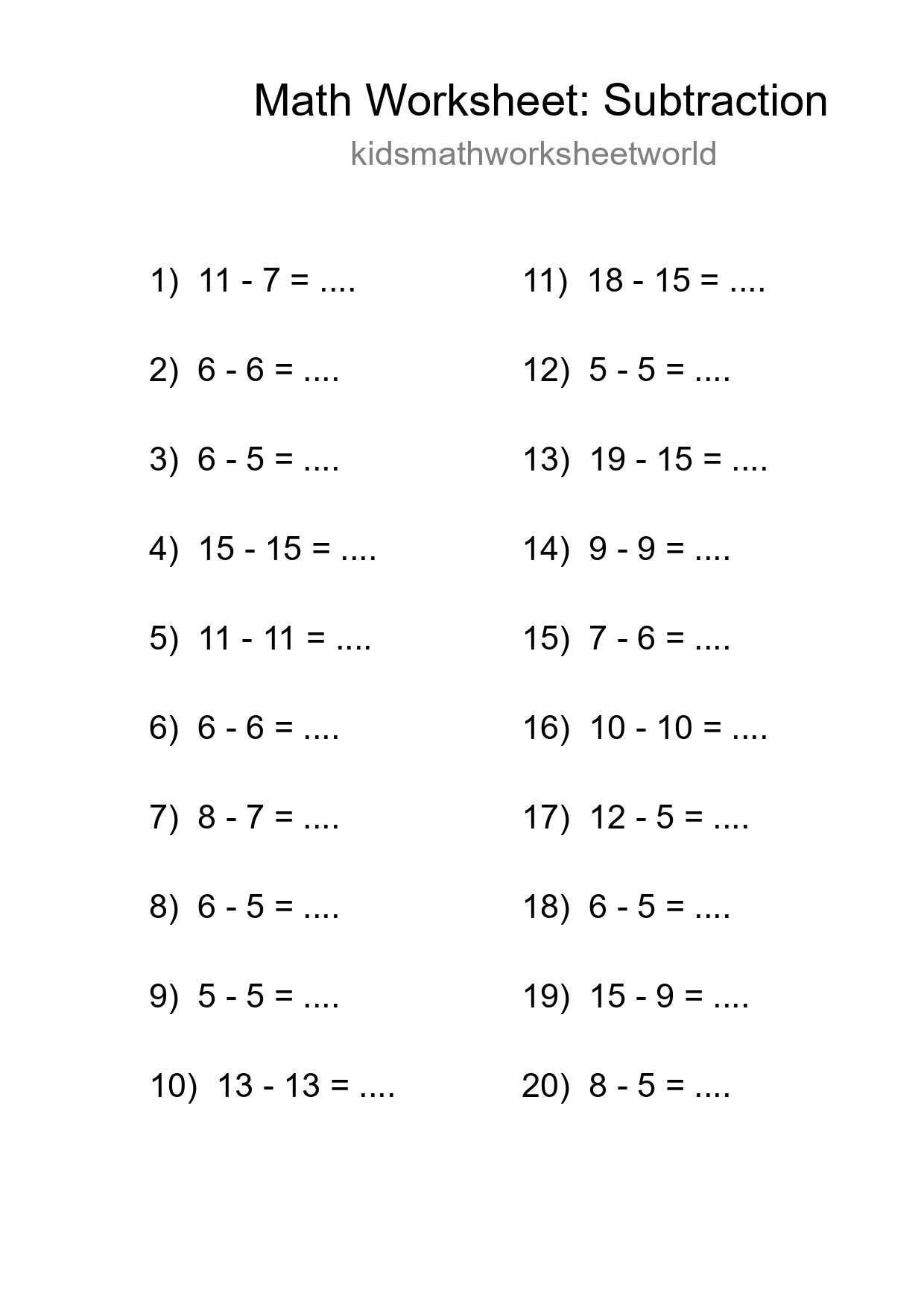 Grade 2 Subtraction Practice Worksheet (20 Problems) - Part 41