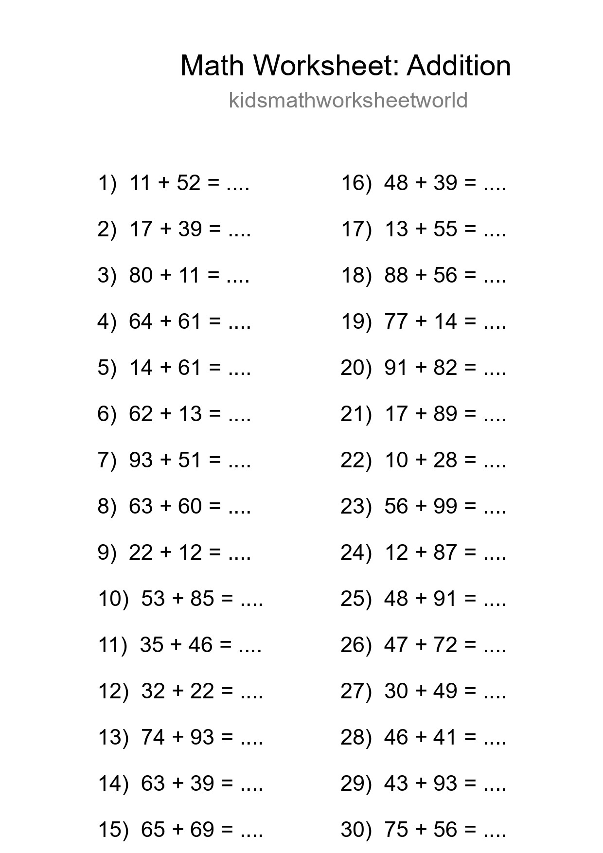Grade 3 Addition Practice Worksheet (30 Problems) - Part 254