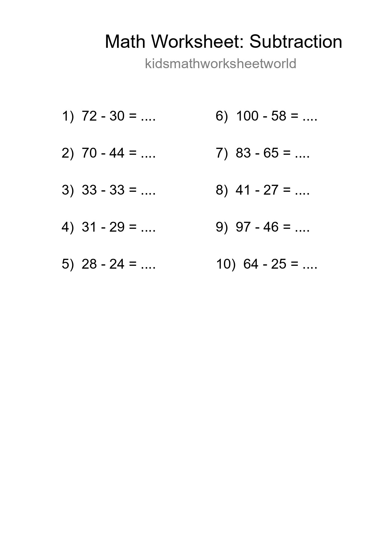 Grade 3 Subtraction Practice Worksheet (10 Problems) - Part 140