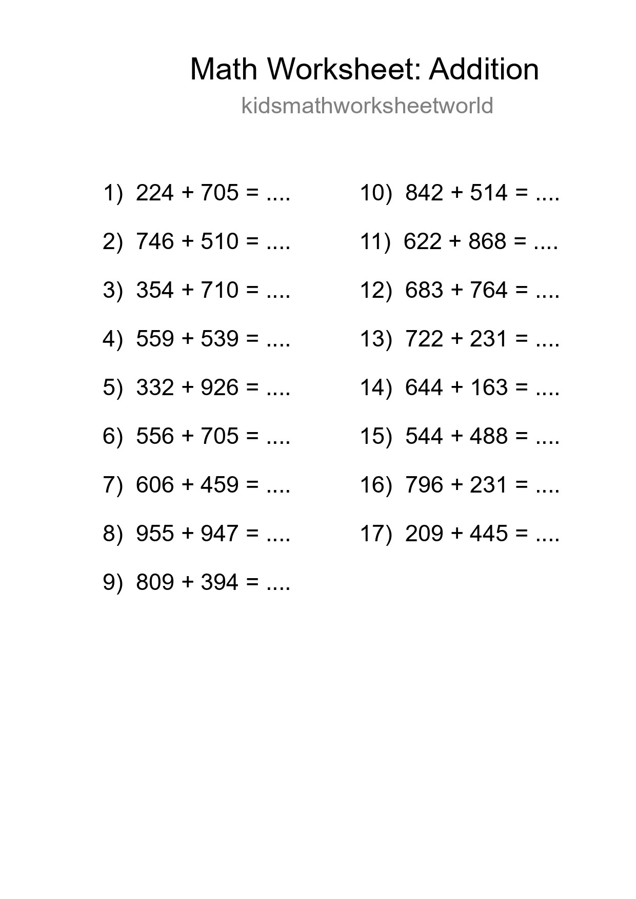 Grade 5 Addition Practice Worksheet (17 Problems) - Part 89