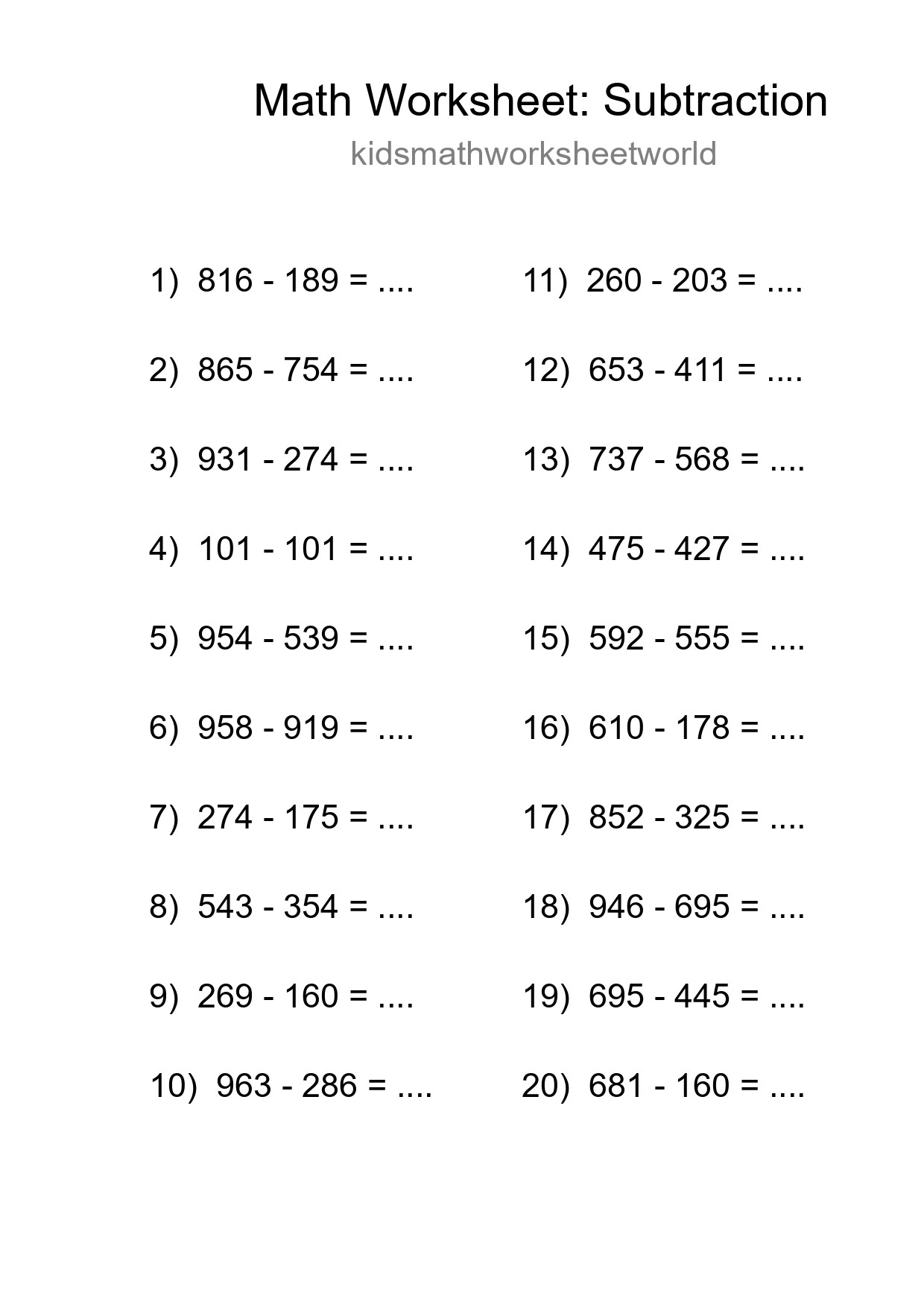 Grade 5 Subtraction Practice Worksheet (20 Problems) - Part 85