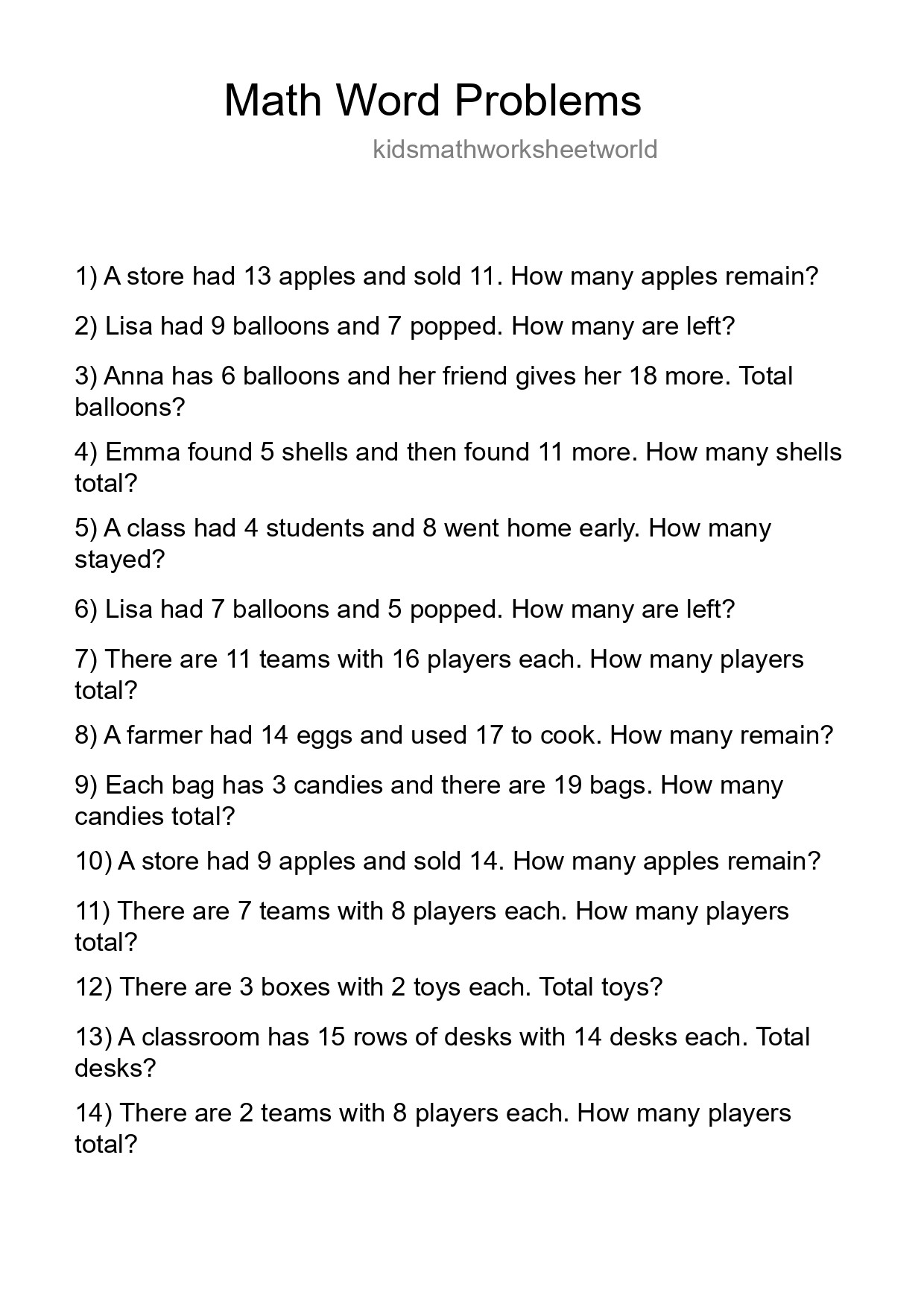 Math Word Problem Worksheet