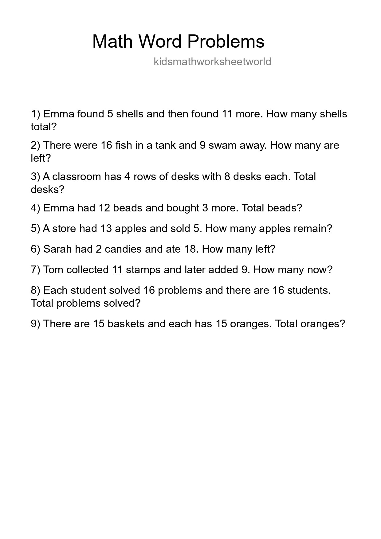 Math Word Problem Worksheet