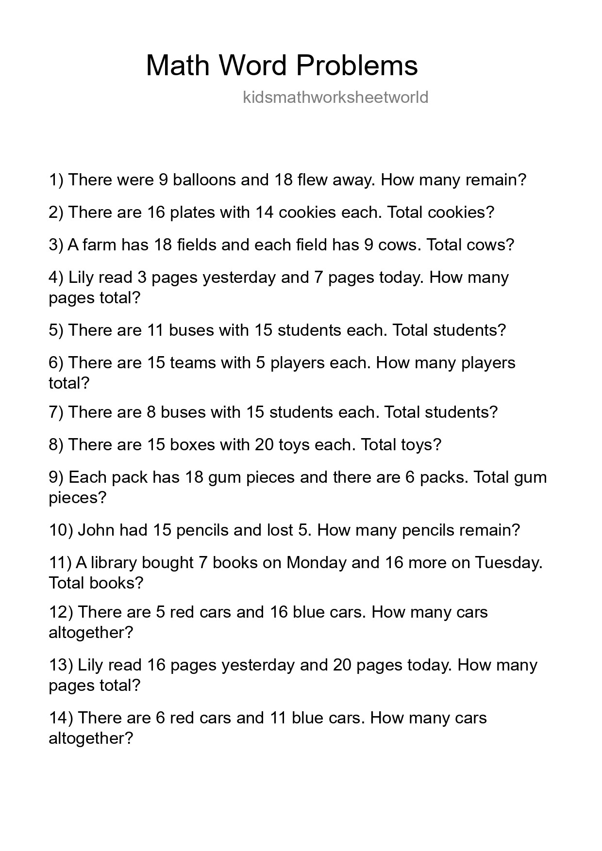 Math Word Problem Worksheet