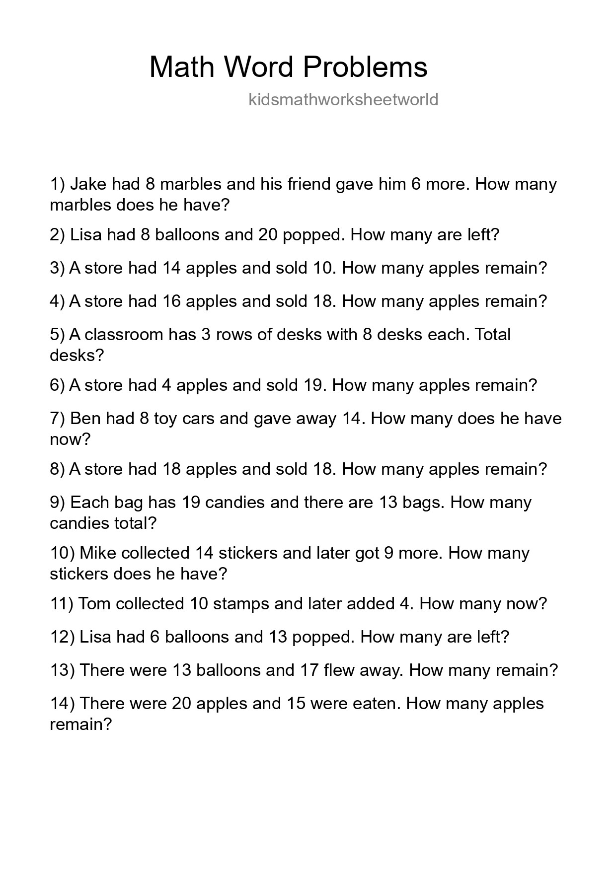 Math Word Problem Worksheet