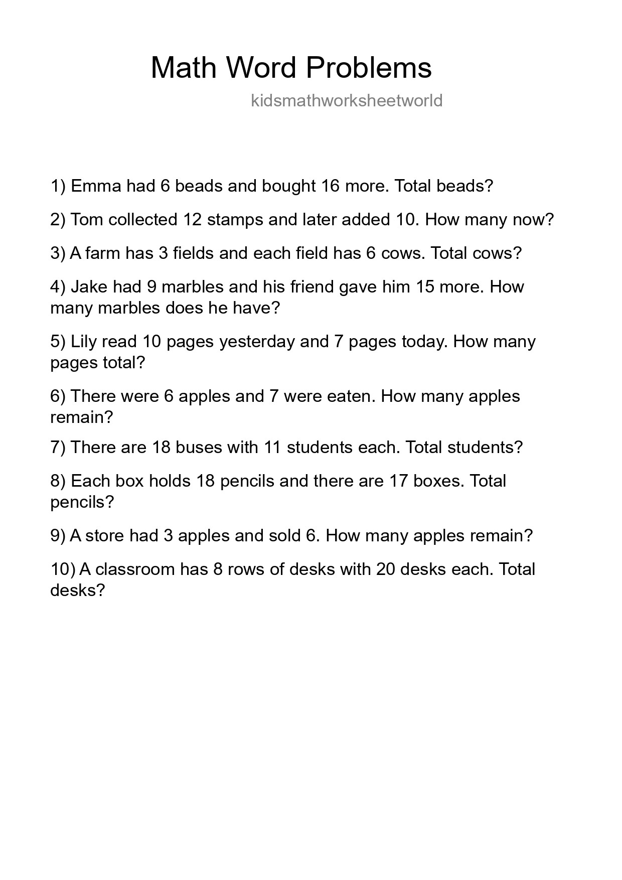 Math Word Problem Worksheet