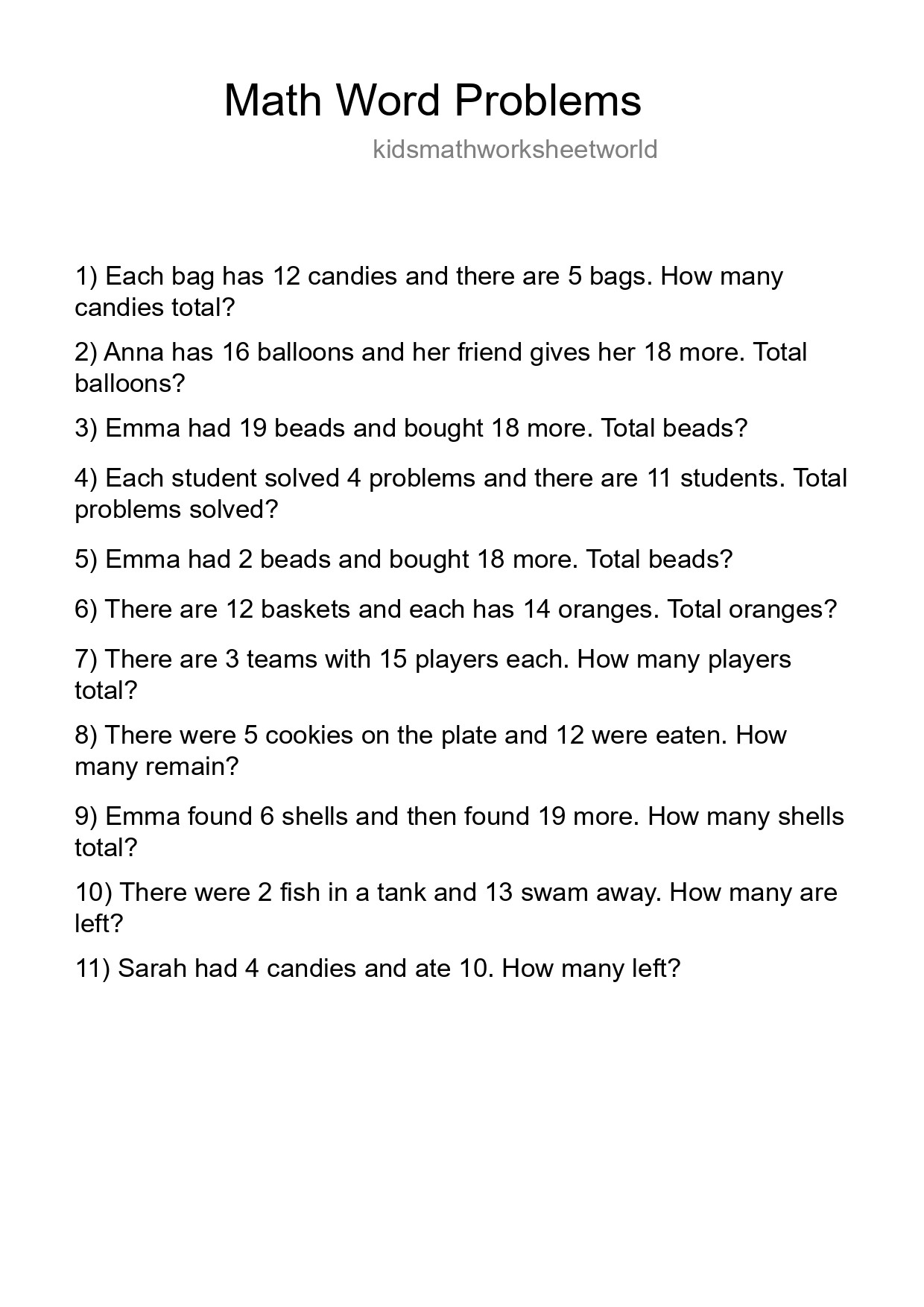 Math Word Problem Worksheet