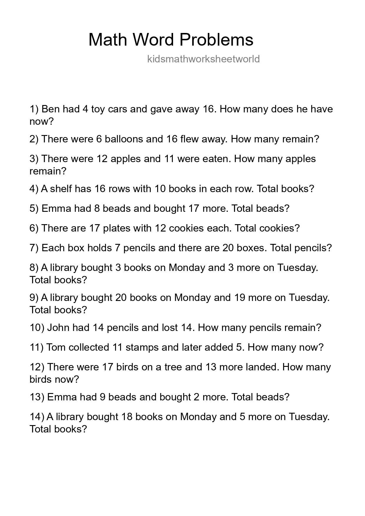 Math Word Problem Worksheet