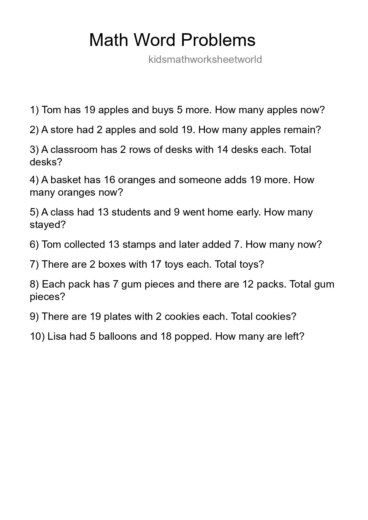 Math Word Problem Worksheet