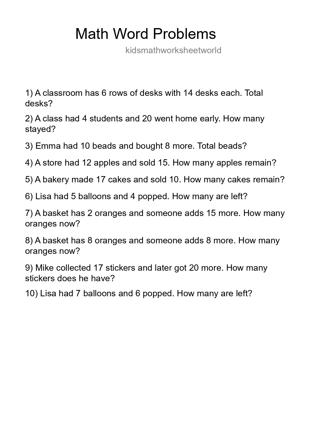 Math Word Problem Worksheet